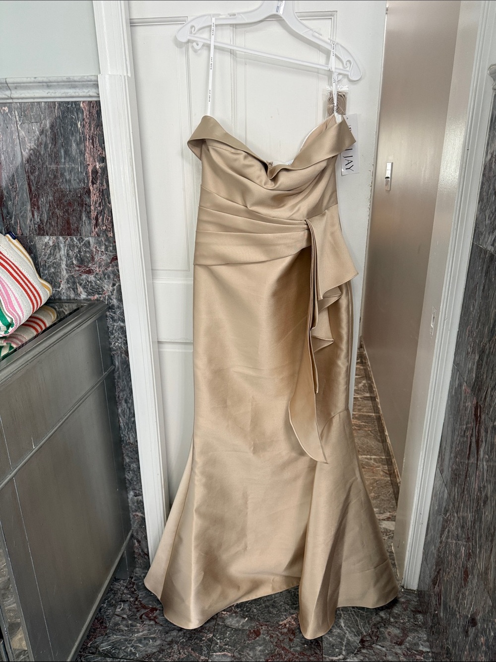 Bari Jay Gold Satin Draped Off-Shoulder Wedding Gown